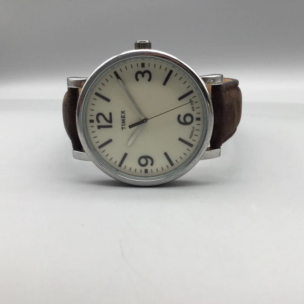 Timex Indiglo WR 30M Mens Watch 42mm Cream Dial Brown Leather T2P526 New Battery